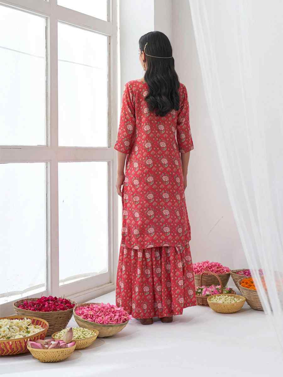 Red Muslin Printed Festival Casual Palazzo Pant Salwar Kameez