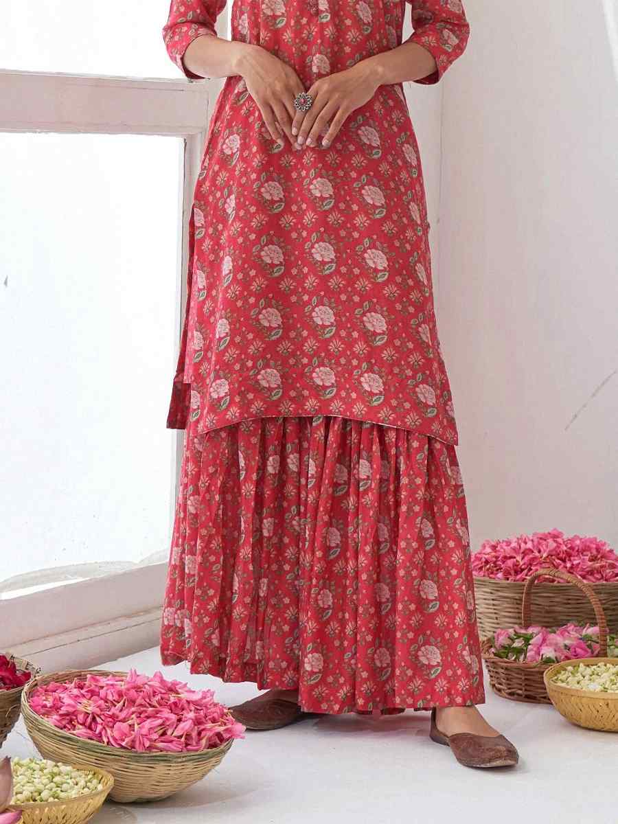 Red Muslin Printed Festival Casual Palazzo Pant Salwar Kameez