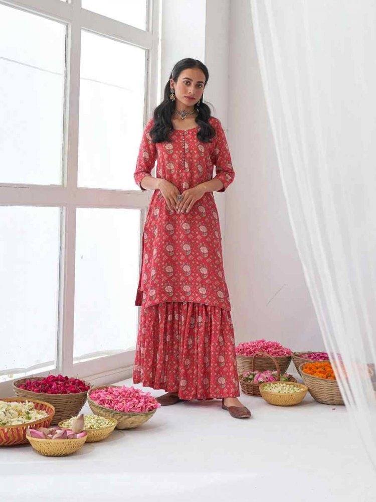 Red Muslin Printed Festival Casual Palazzo Pant Salwar Kameez