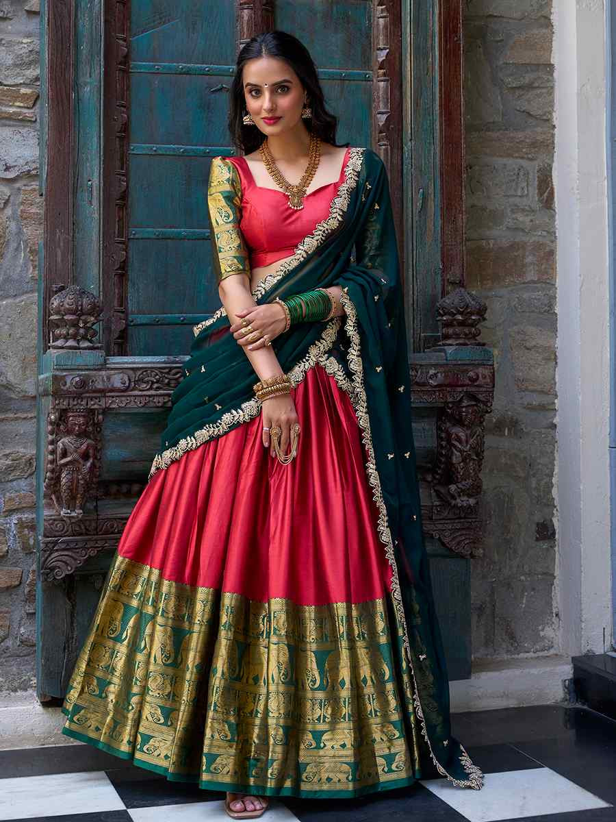 Red Narayana Pattu Silk Handwoven Embroidered Festival Wedding Heavy Border Lehenga Choli