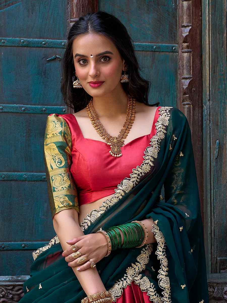 Red Narayana Pattu Silk Handwoven Embroidered Festival Wedding Heavy Border Lehenga Choli