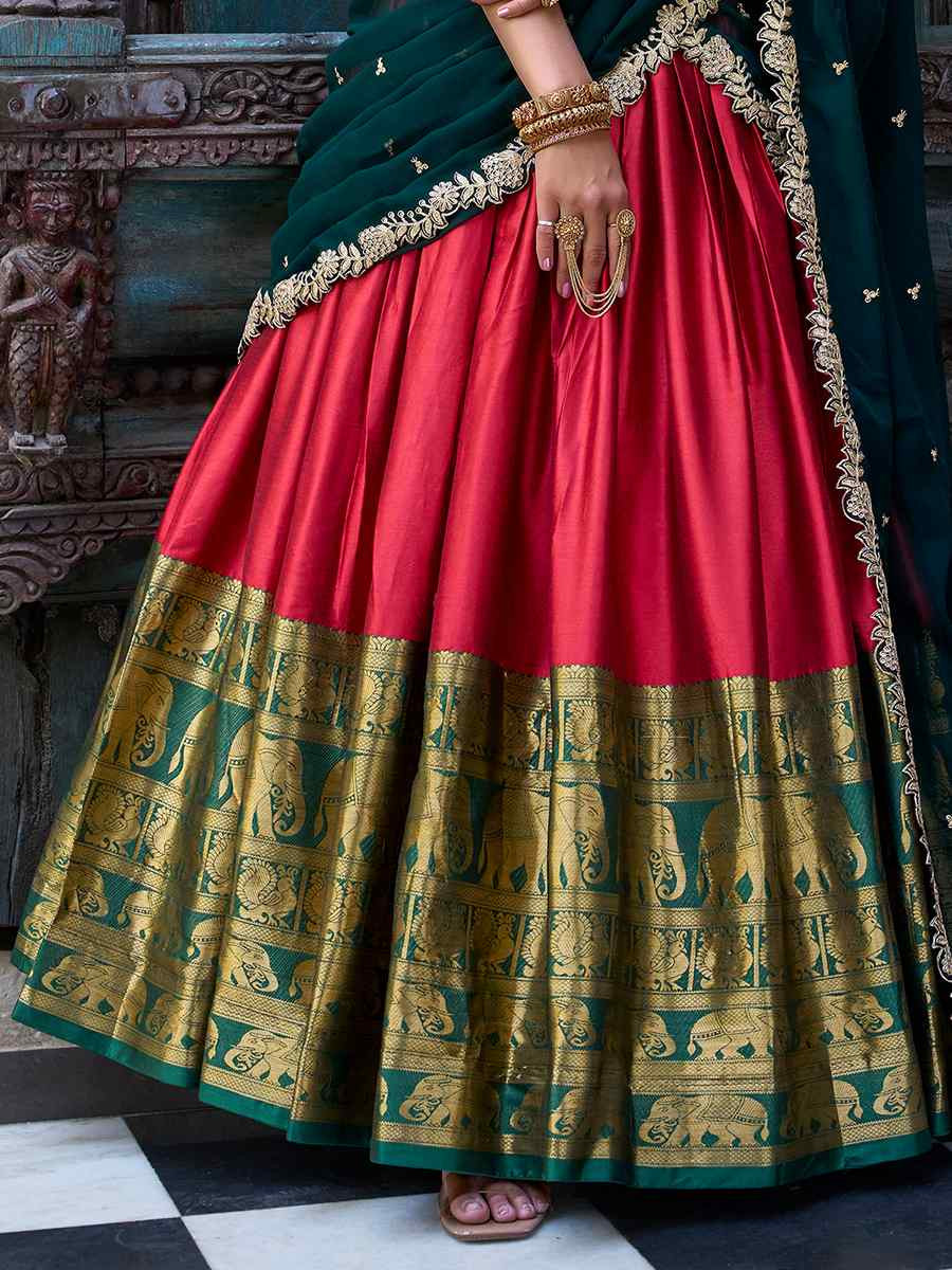 Red Narayana Pattu Silk Handwoven Embroidered Festival Wedding Heavy Border Lehenga Choli