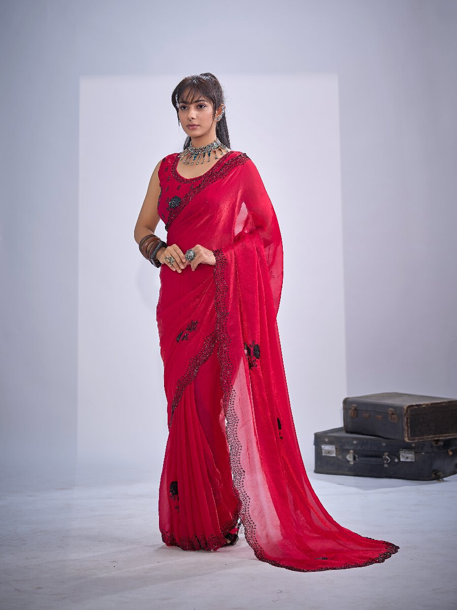 Red NC Satin Silk Stone Work 3d Sequence Festival Wedding Fancy Classic Heavy Border Saree