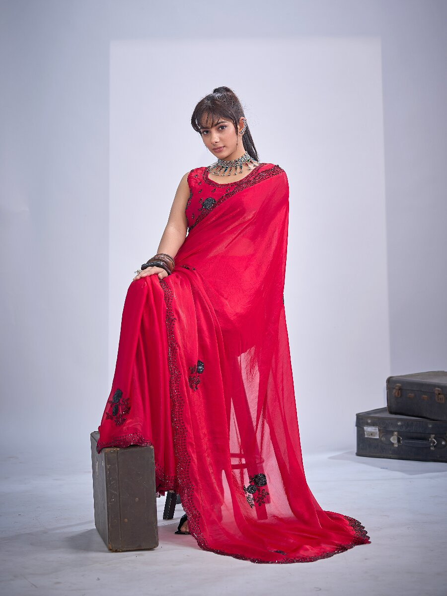 Red NC Satin Silk Stone Work 3d Sequence Festival Wedding Fancy Classic Heavy Border Saree