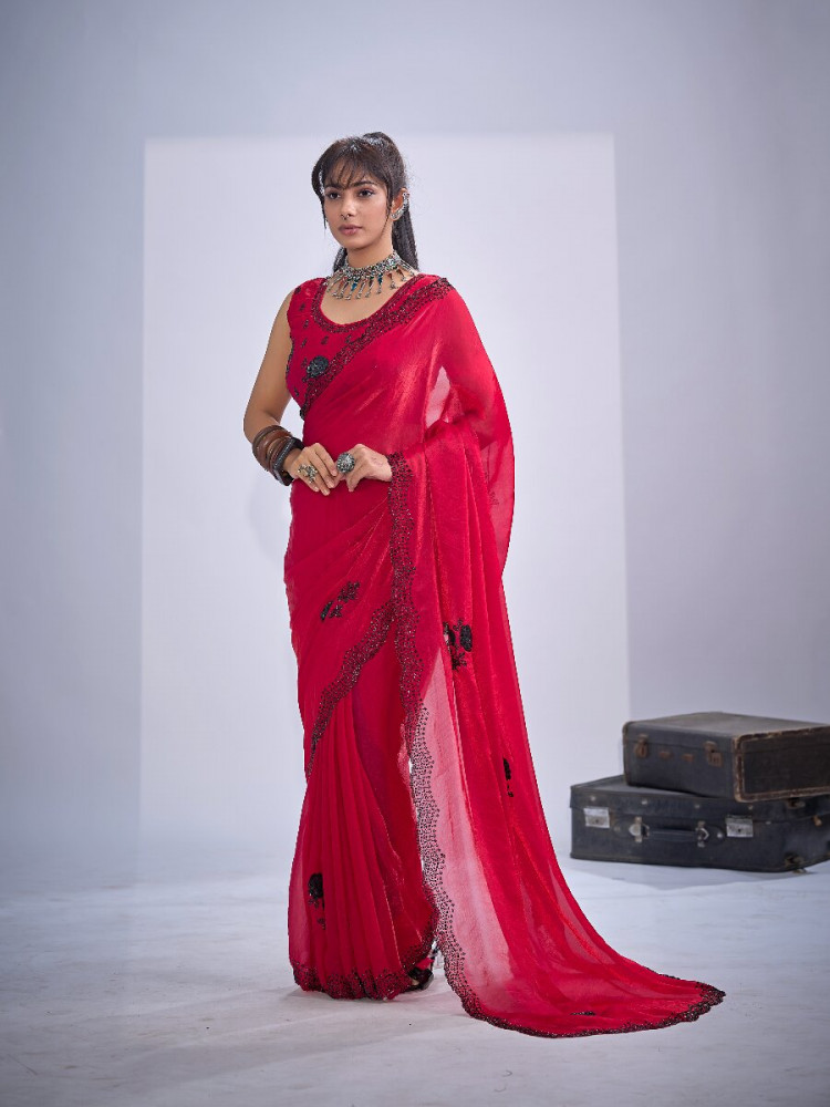 Image of Red NC Satin Silk Stone Work 3d Sequence Festival Wedding Fancy Classic Heavy Border Saree