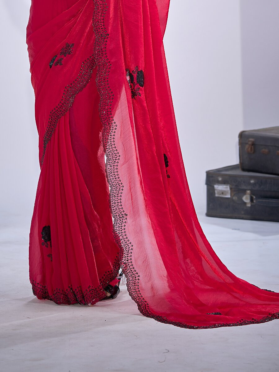 Red NC Satin Silk Stone Work 3d Sequence Festival Wedding Fancy Classic Heavy Border Saree