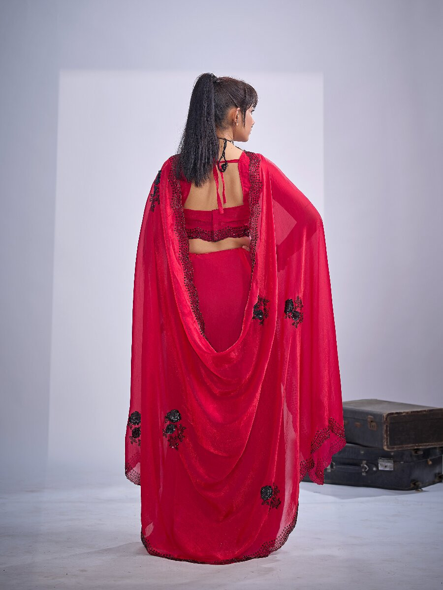 Red NC Satin Silk Stone Work 3d Sequence Festival Wedding Fancy Classic Heavy Border Saree