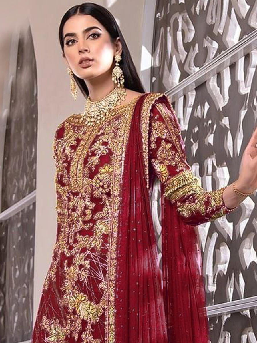 Red Net Embroidered Festival Party Pant Salwar Kameez