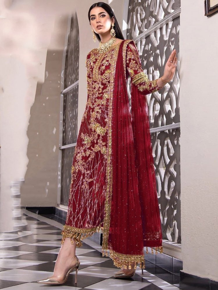 Red Net Embroidered Festival Party Pant Salwar Kameez