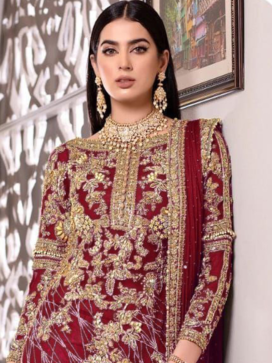 Red Net Embroidered Festival Party Pant Salwar Kameez