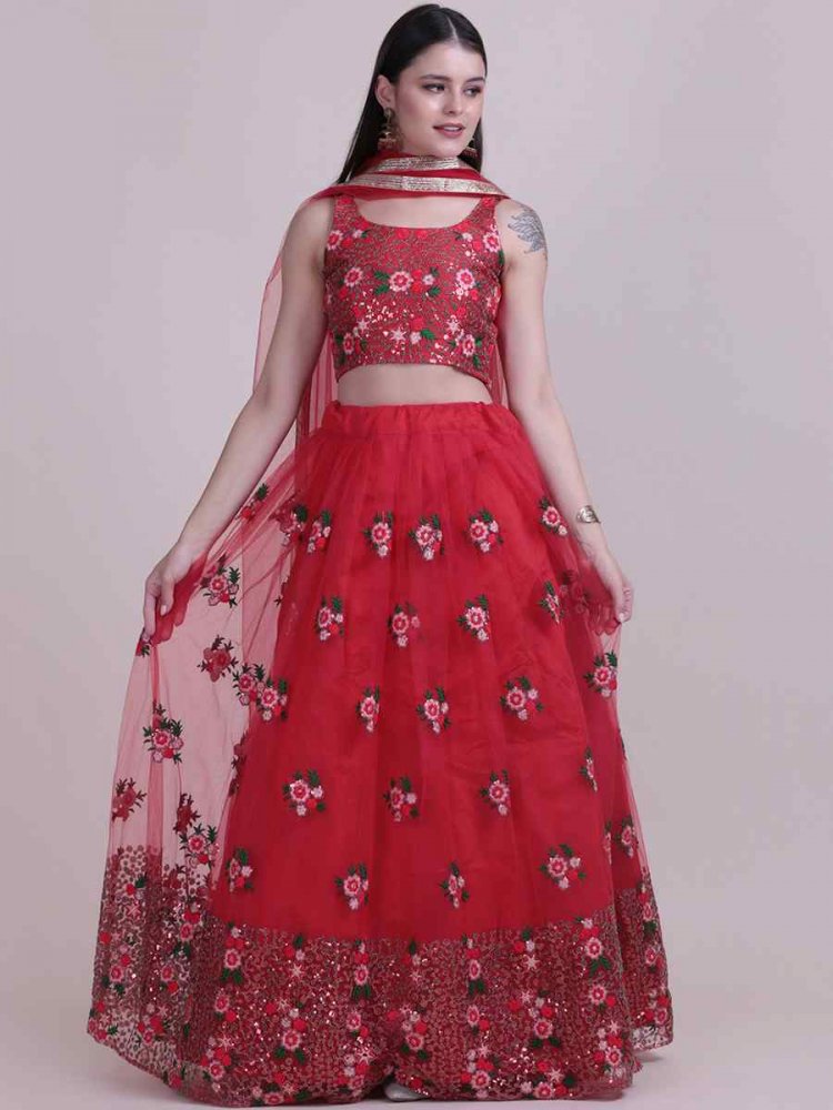 Red Net Embroidered Festival Party Wear Circular Lehenga Choli