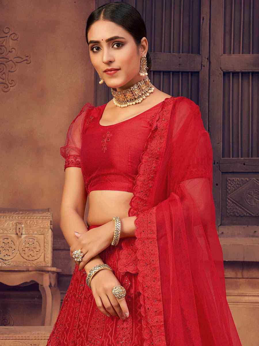 Red Net Embroidered Festival Party Wear Circular Lehenga Choli