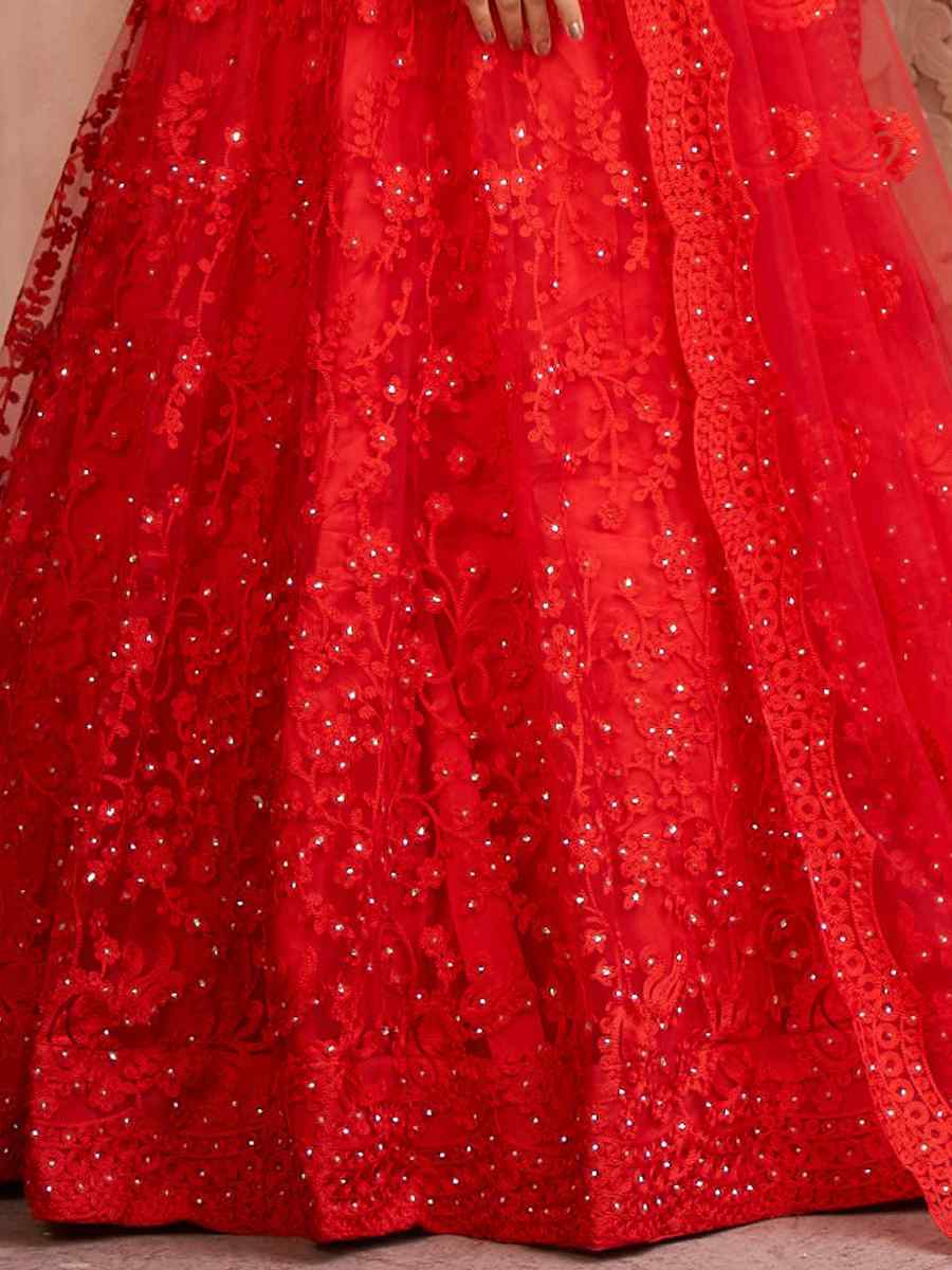 Red Net Embroidered Festival Party Wear Circular Lehenga Choli