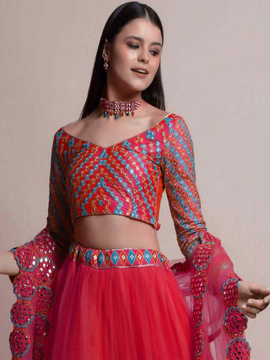 Red Net Embroidered Festival Party Wear Circular Lehenga Choli