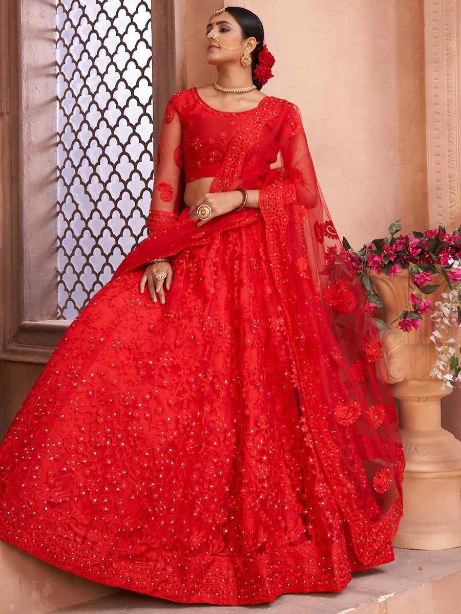 Red Net Embroidered Festival Party Wear Circular Lehenga Choli