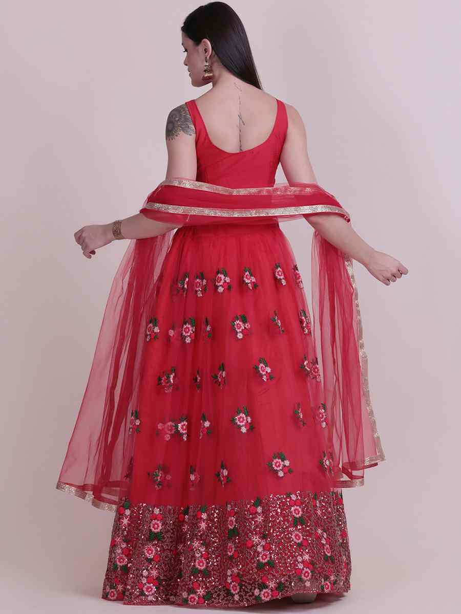 Red Net Embroidered Festival Party Wear Circular Lehenga Choli