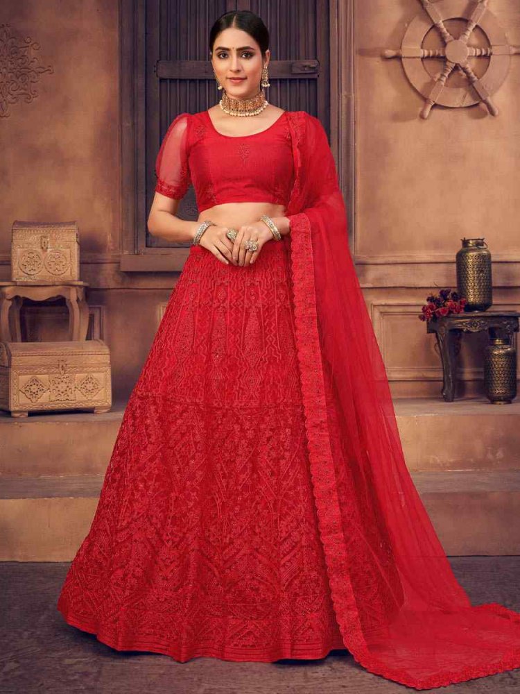 Red Net Embroidered Festival Party Wear Circular Lehenga Choli