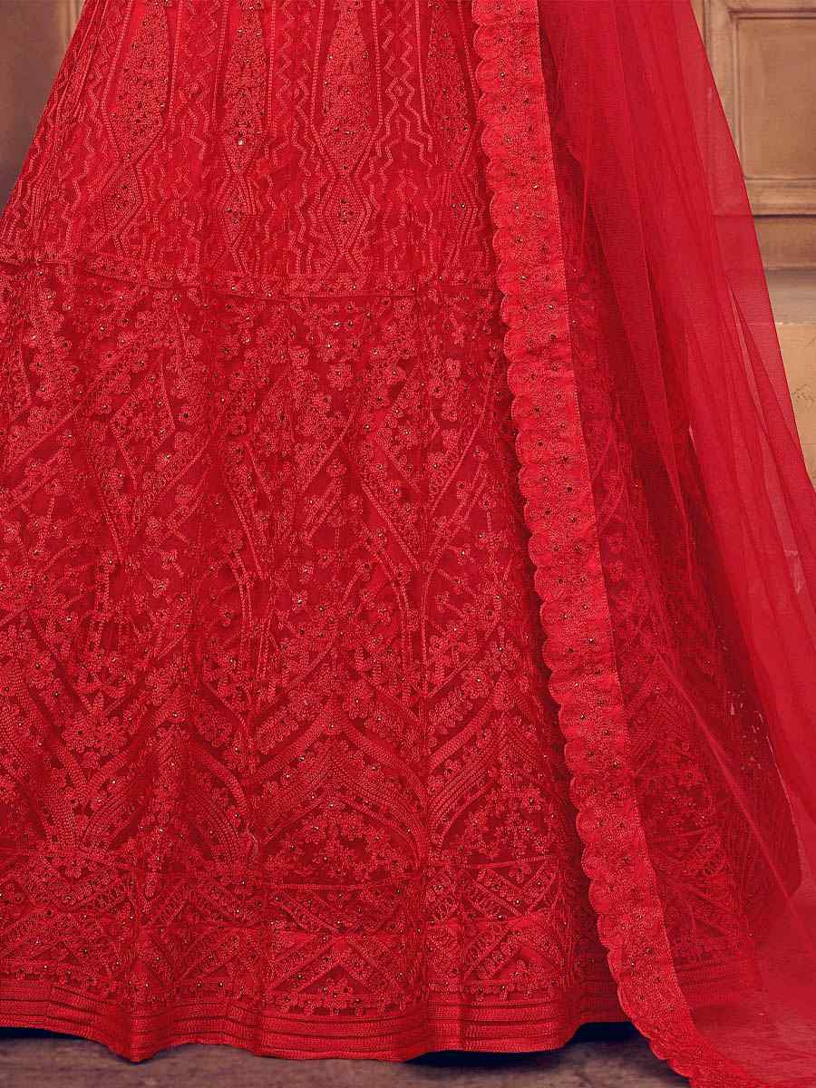 Red Net Embroidered Festival Party Wear Circular Lehenga Choli
