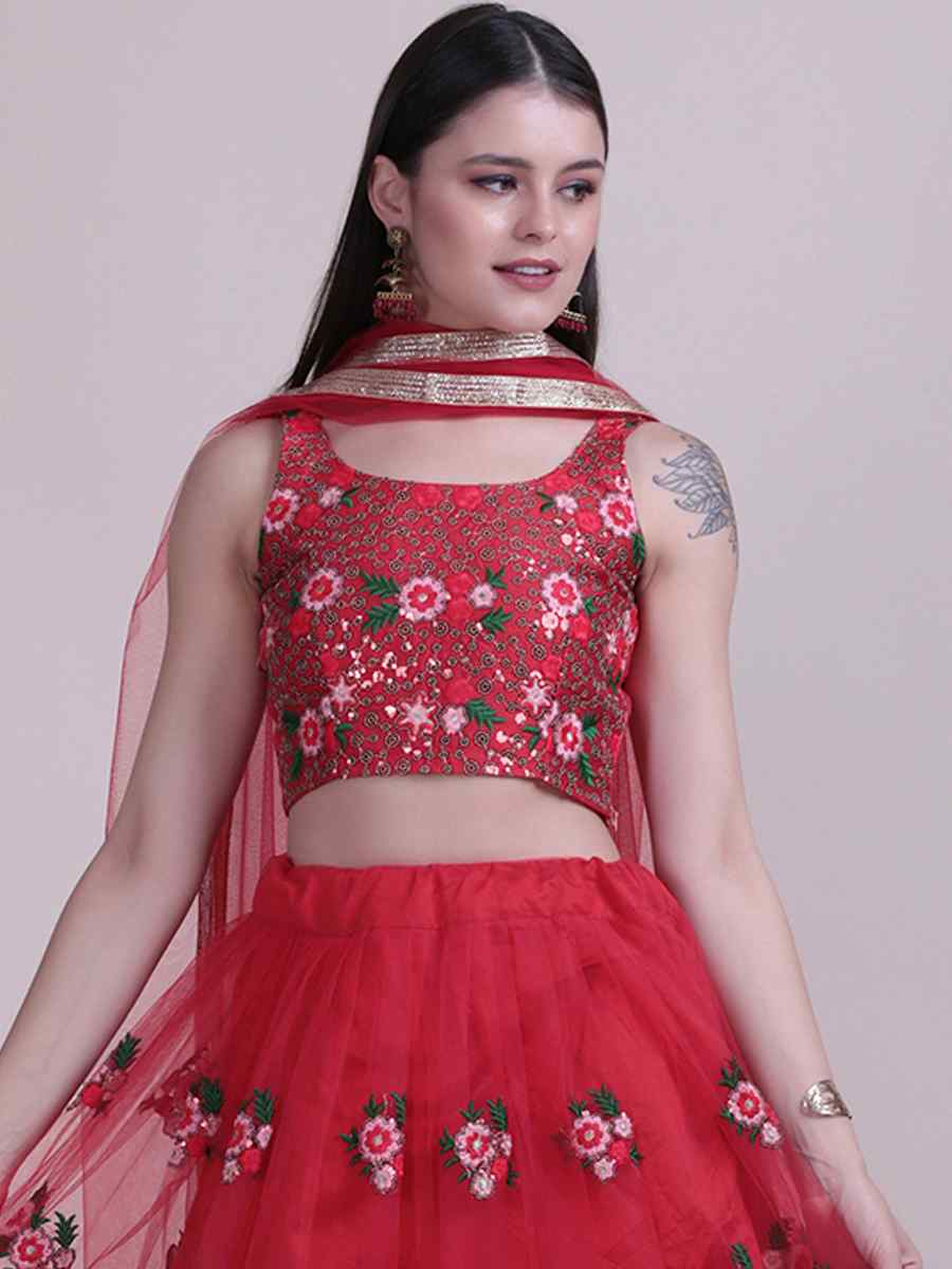 Red Net Embroidered Festival Party Wear Circular Lehenga Choli