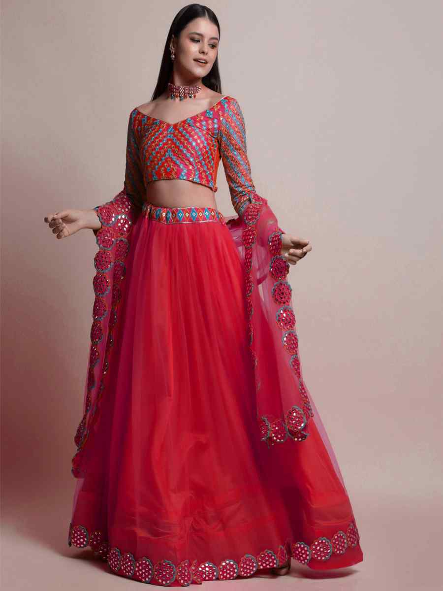 Red Net Embroidered Festival Party Wear Circular Lehenga Choli