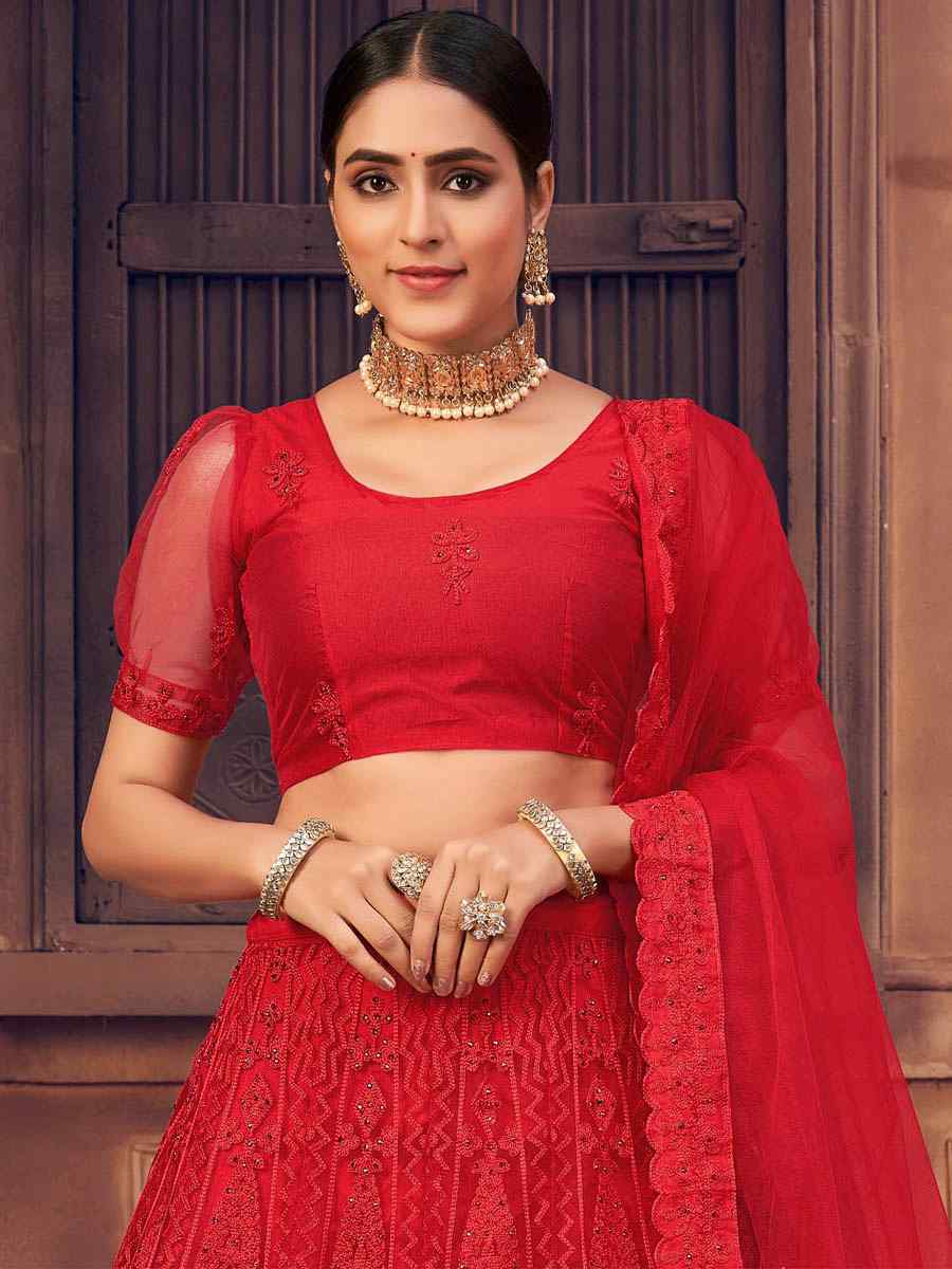 Red Net Embroidered Festival Party Wear Circular Lehenga Choli