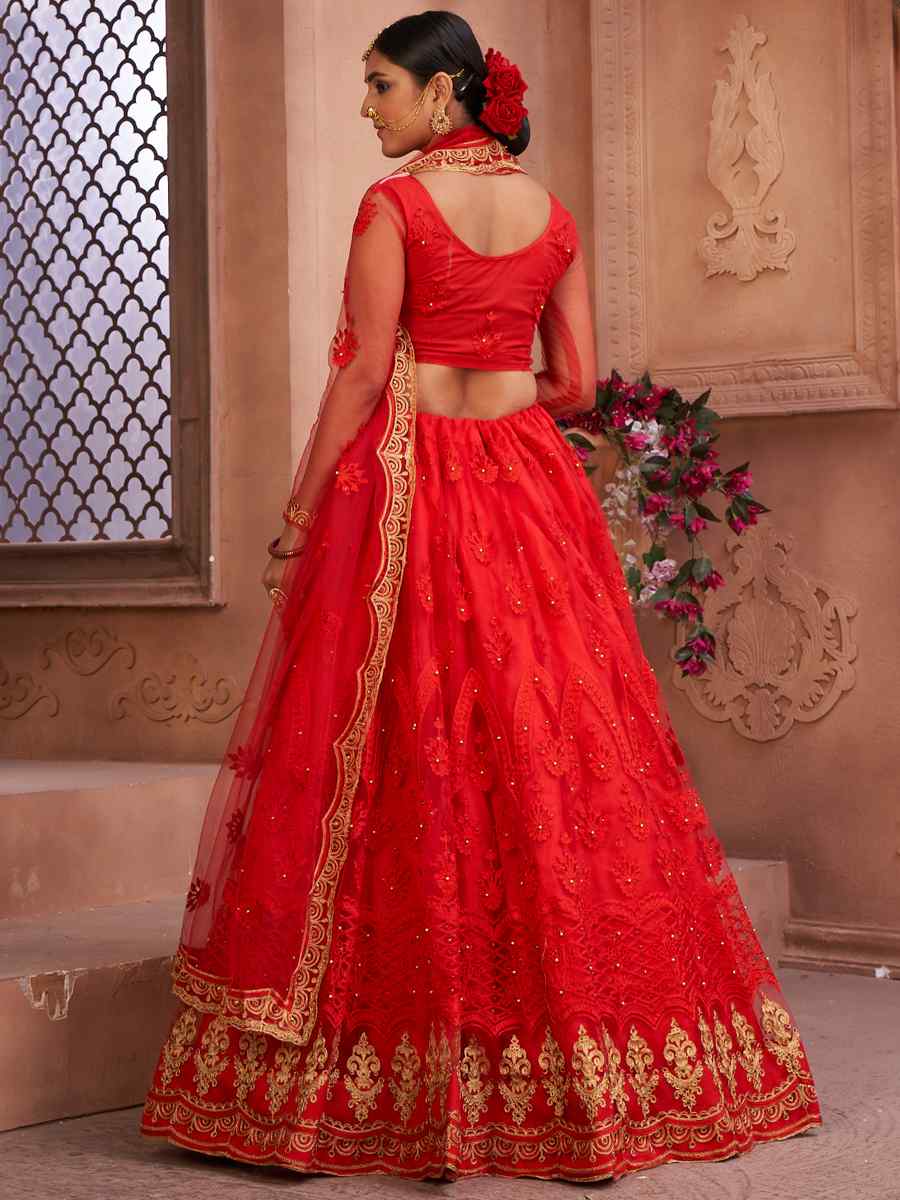 Red Net Embroidered Festival Party Wear Heavy Border Lehenga Choli