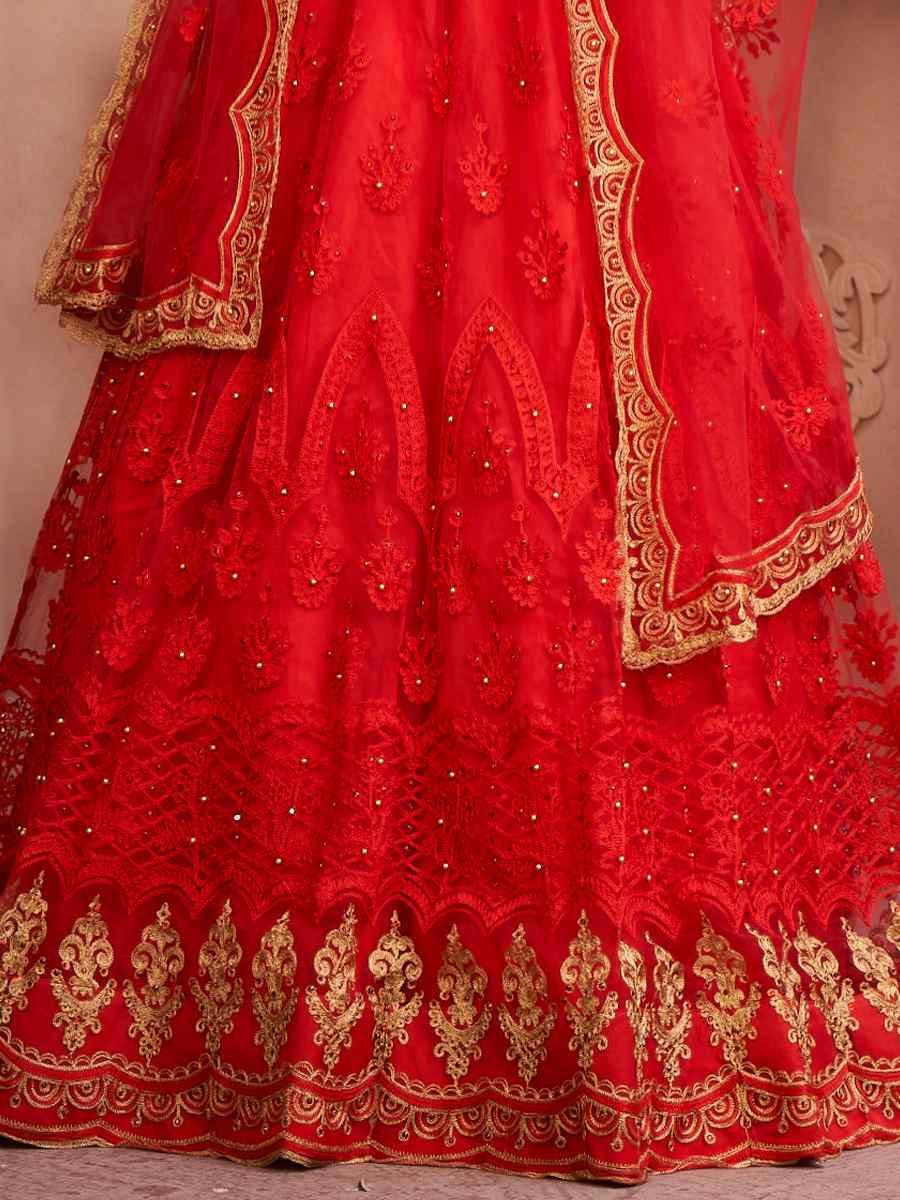 Red Net Embroidered Festival Party Wear Heavy Border Lehenga Choli