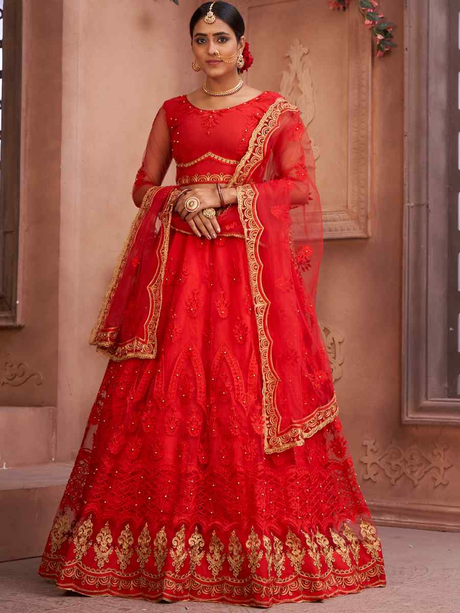 Red Net Embroidered Festival Party Wear Heavy Border Lehenga Choli
