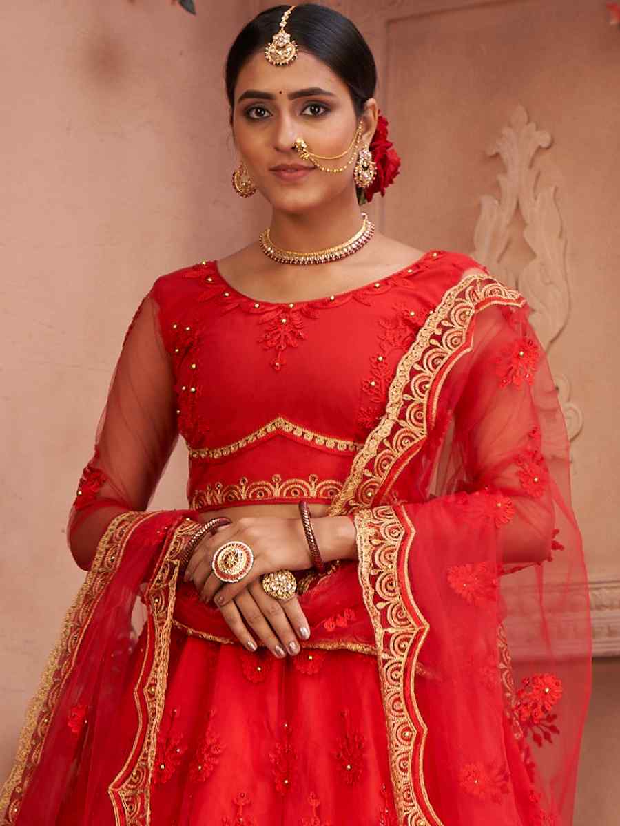Red Net Embroidered Festival Party Wear Heavy Border Lehenga Choli