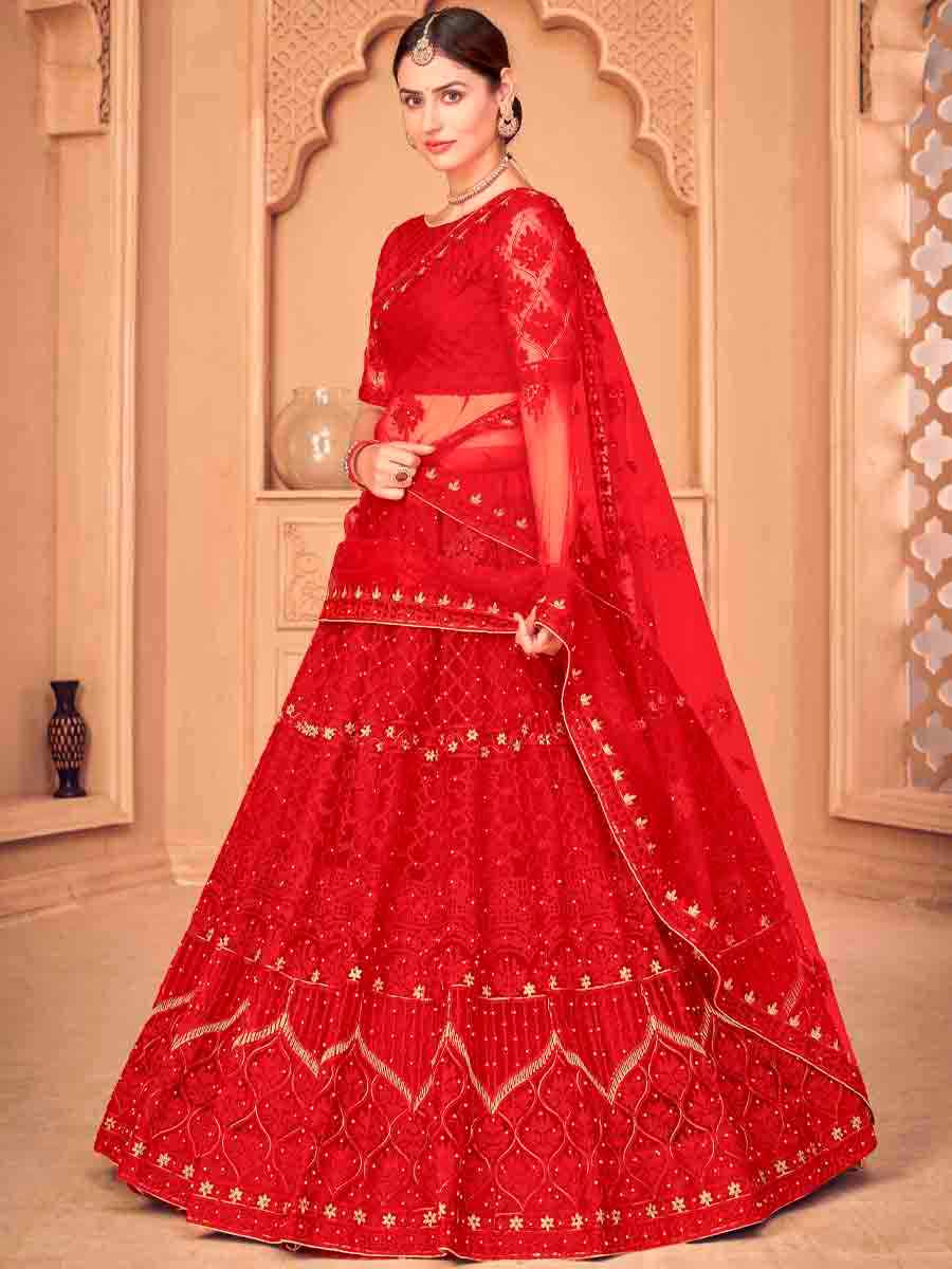 Red Net Embroidered Festival Wedding Circular Lehenga Choli