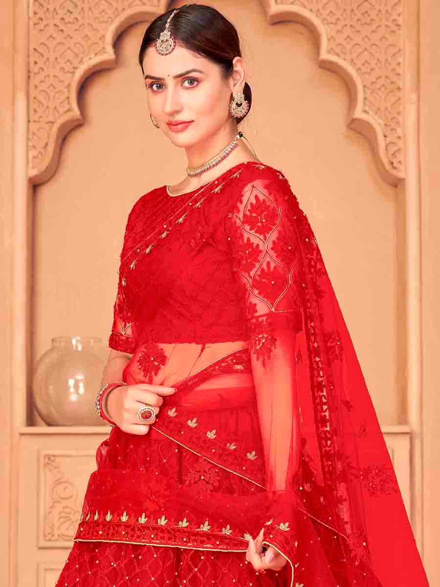 Red Net Embroidered Festival Wedding Circular Lehenga Choli