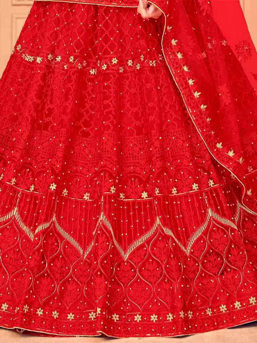 Red Net Embroidered Festival Wedding Circular Lehenga Choli