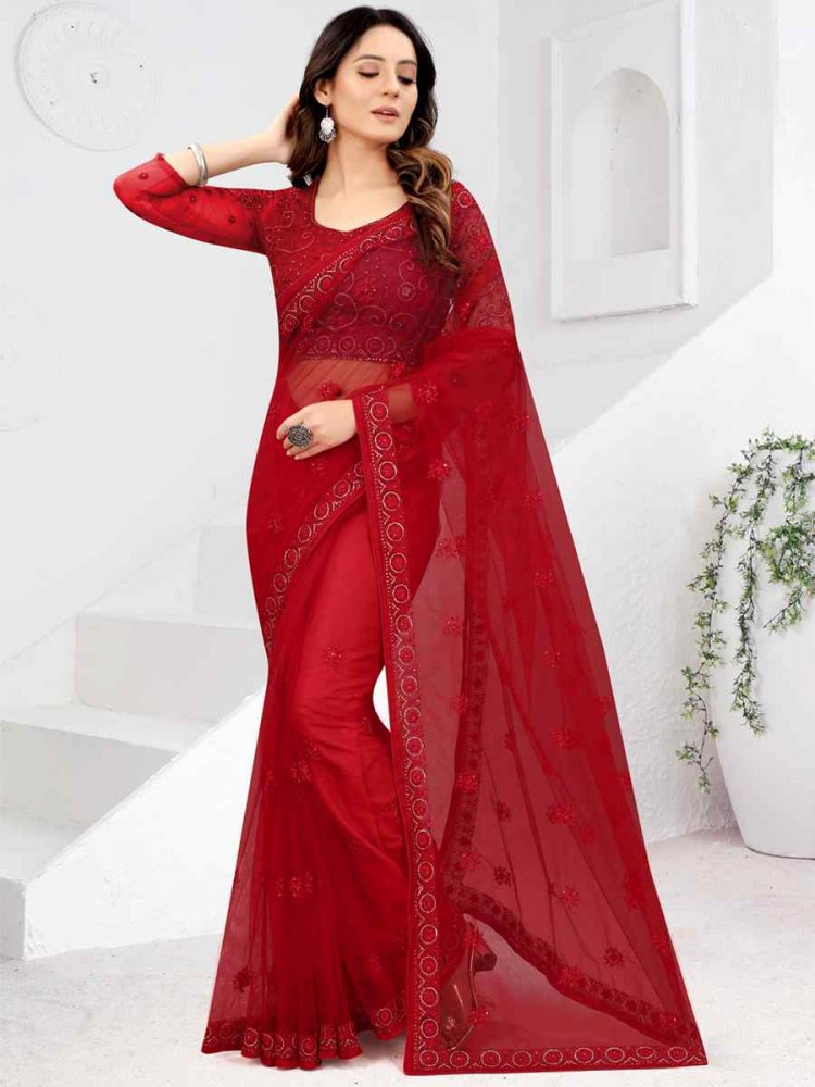 Red Net Embroidered Party Festival Classic Style Saree