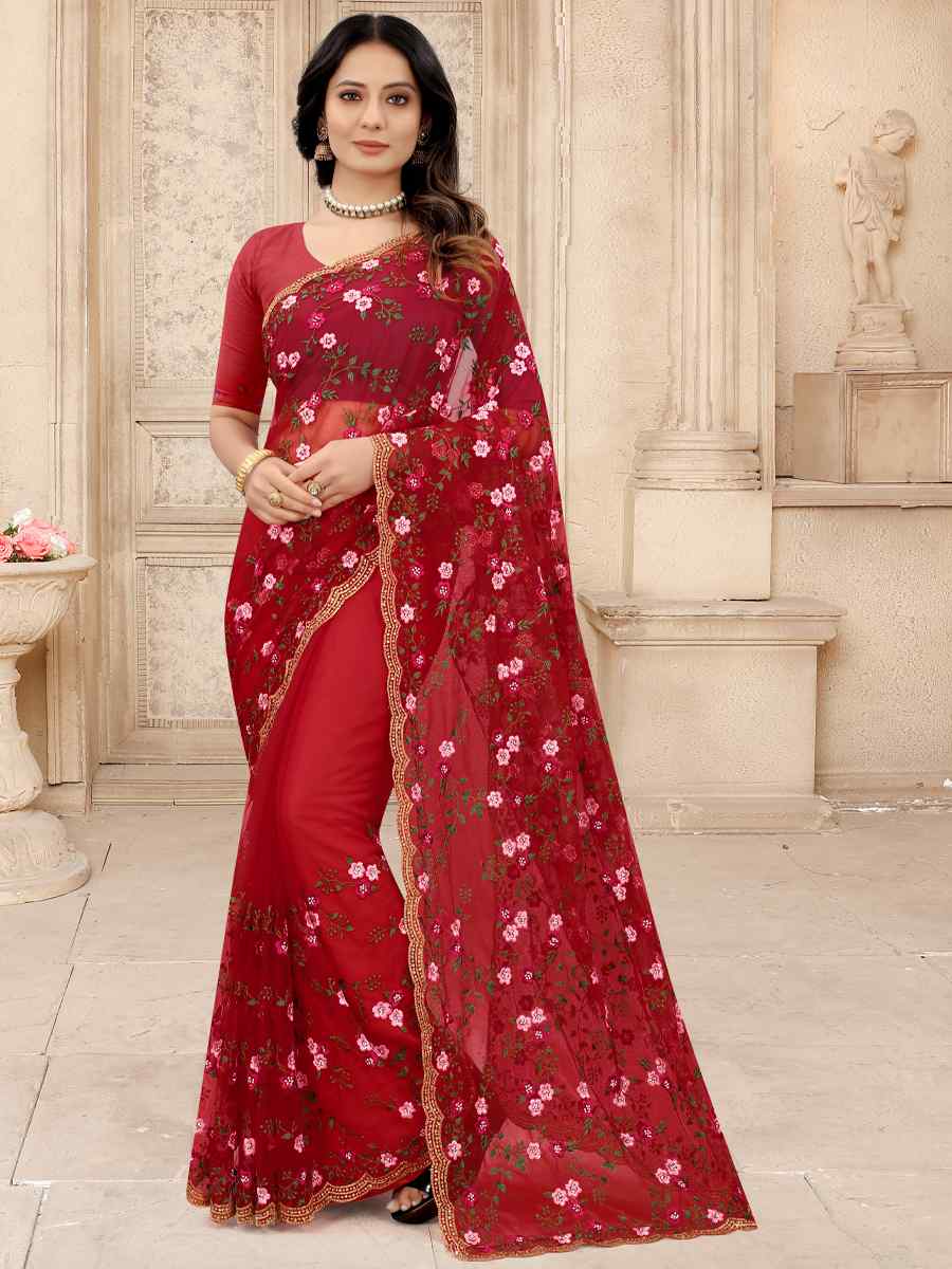 Red Net Embroidered Party Festival Contemporary Saree