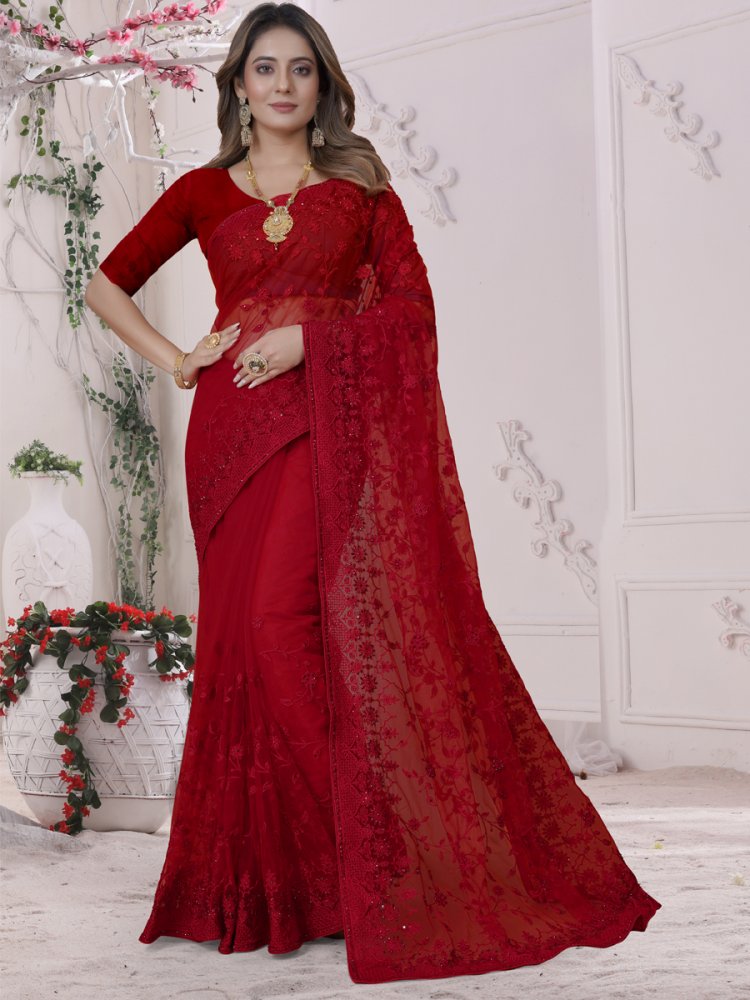 Red Net Embroidered Party Festival Heavy Border Saree