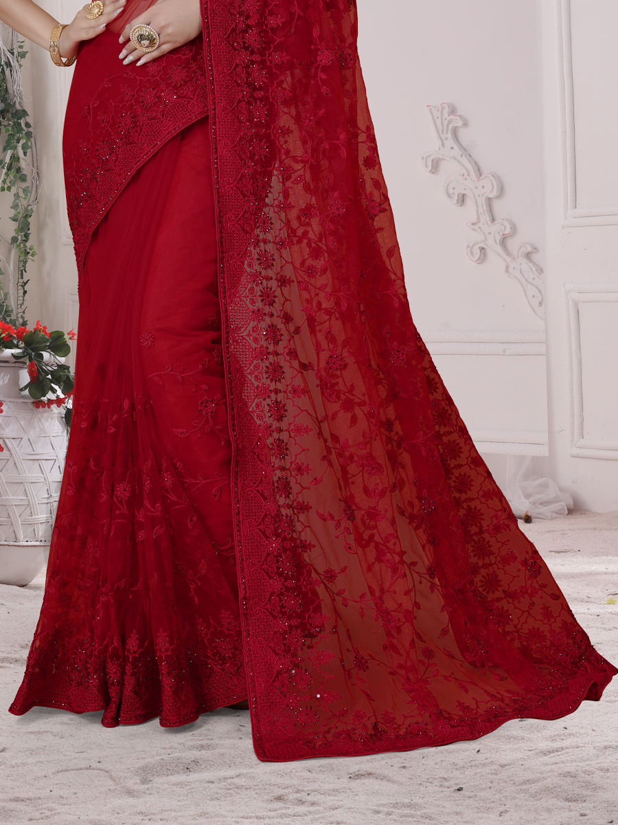 Red Net Embroidered Party Festival Heavy Border Saree