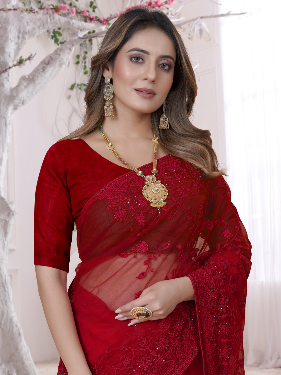 Red Net Embroidered Party Festival Heavy Border Saree