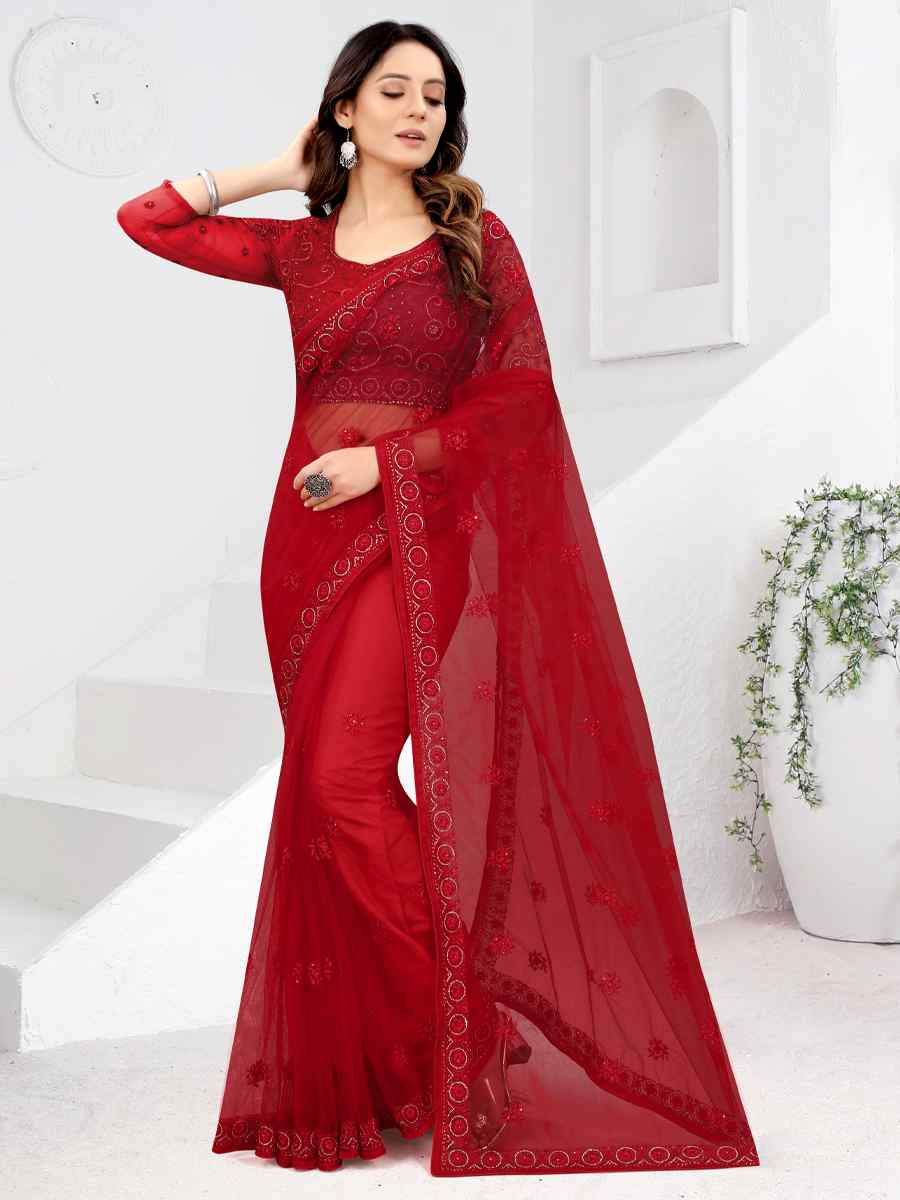 Red Net Embroidered Party Reception Contemporary Saree