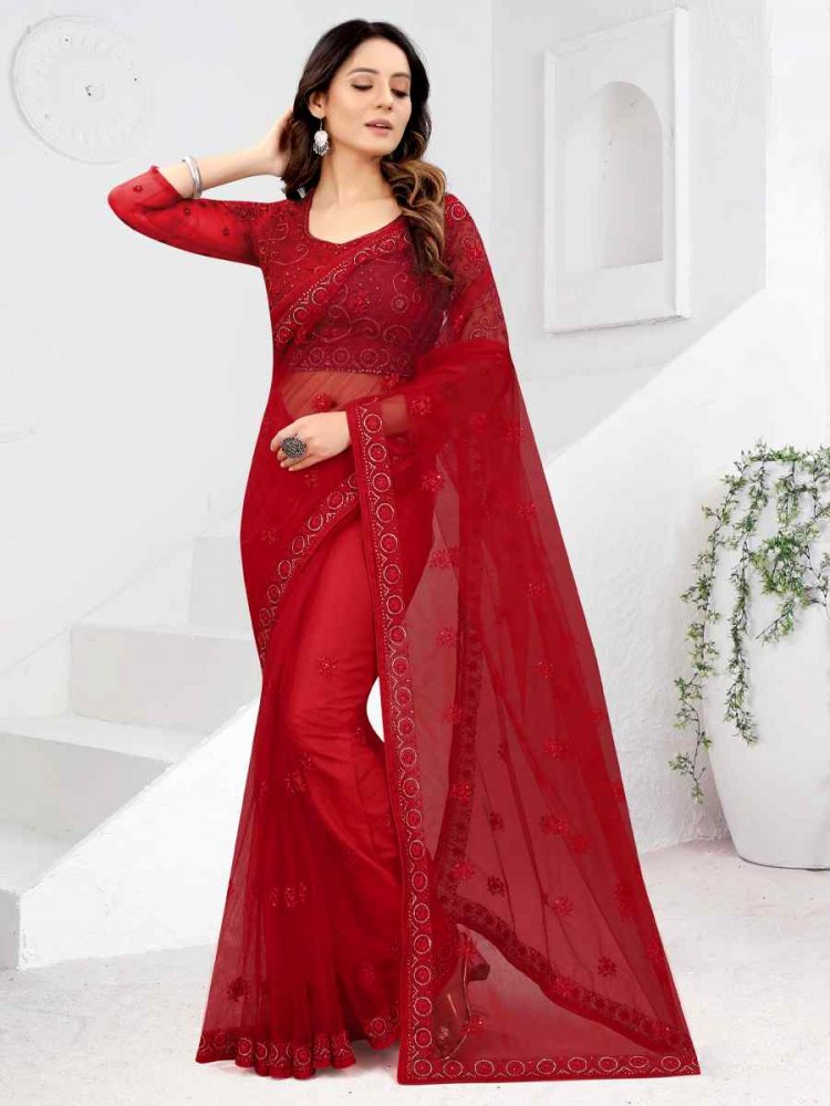 Red Net Embroidered Party Reception Contemporary Saree