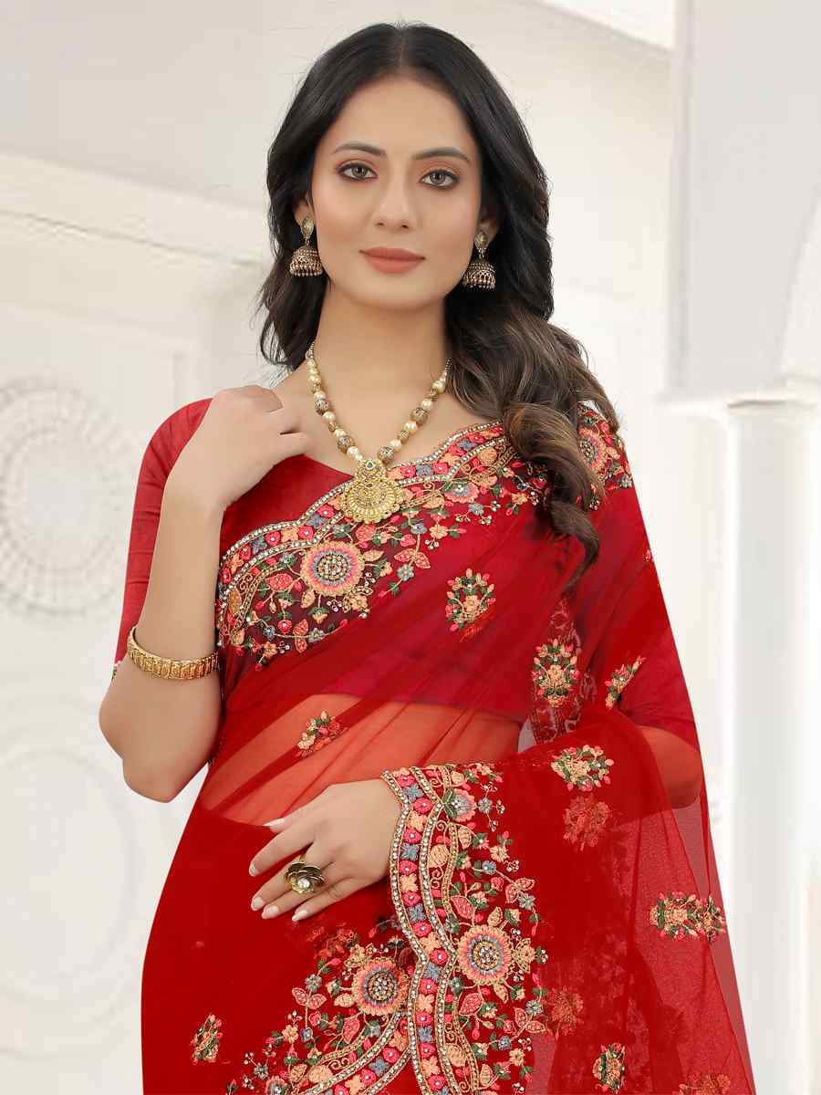 Red Net Embroidered Party Wedding Heavy Border Saree