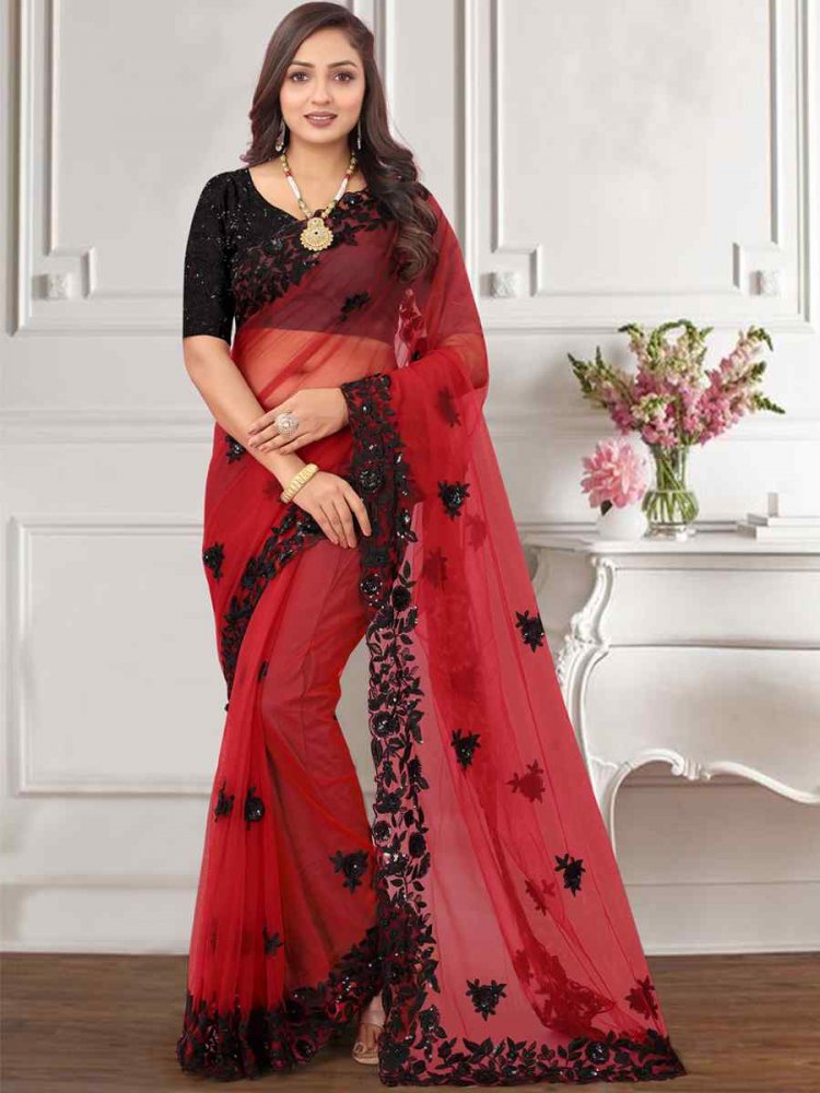 Red Net Embroidered Wedding Bridesmaid Heavy Border Saree