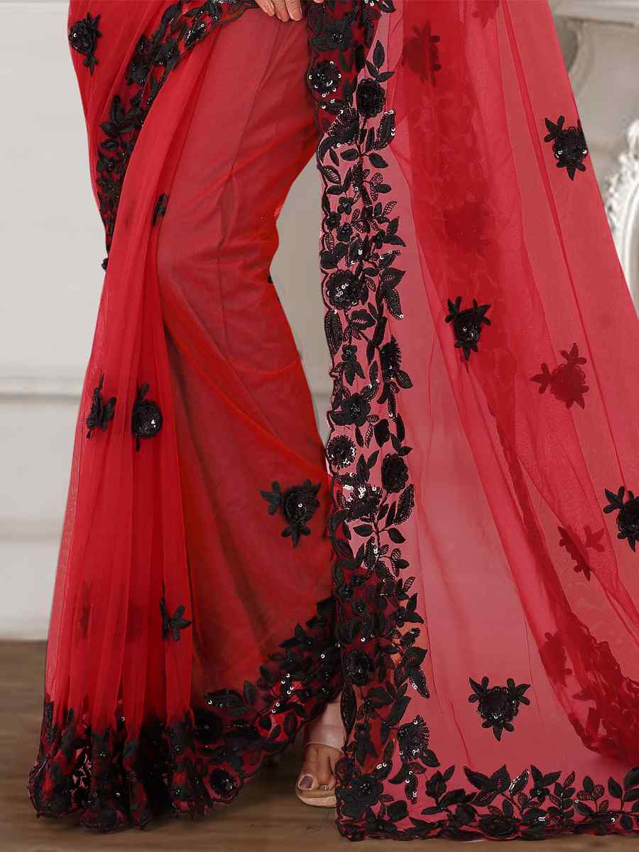 Red Net Embroidered Wedding Bridesmaid Heavy Border Saree