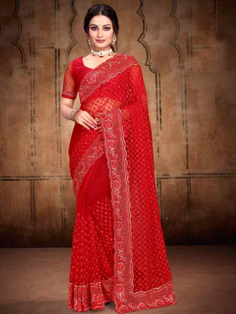 Red Net Embroidered Wedding Festival Heavy Border Saree