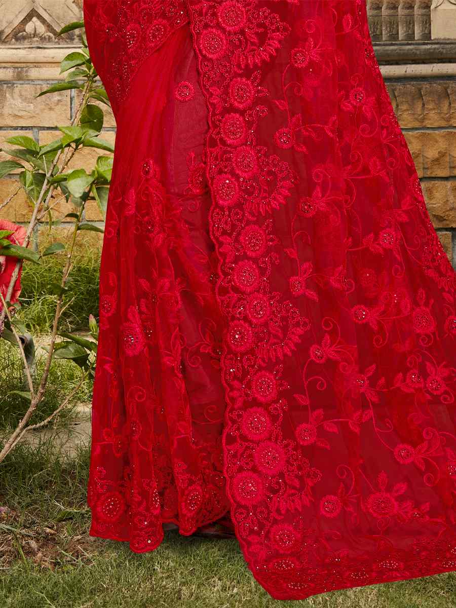 Red Net Embroidered Wedding Festival Heavy Border Saree