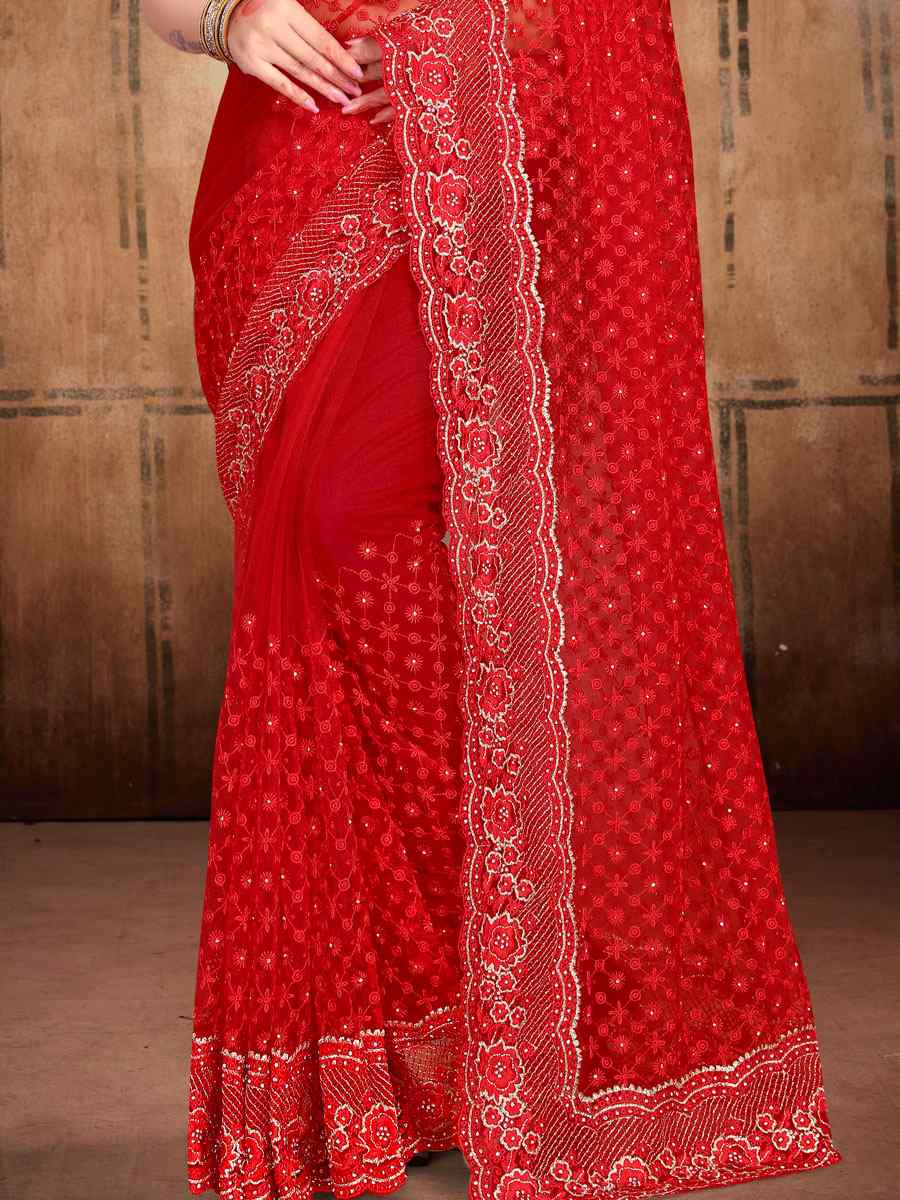 Red Net Embroidered Wedding Festival Heavy Border Saree