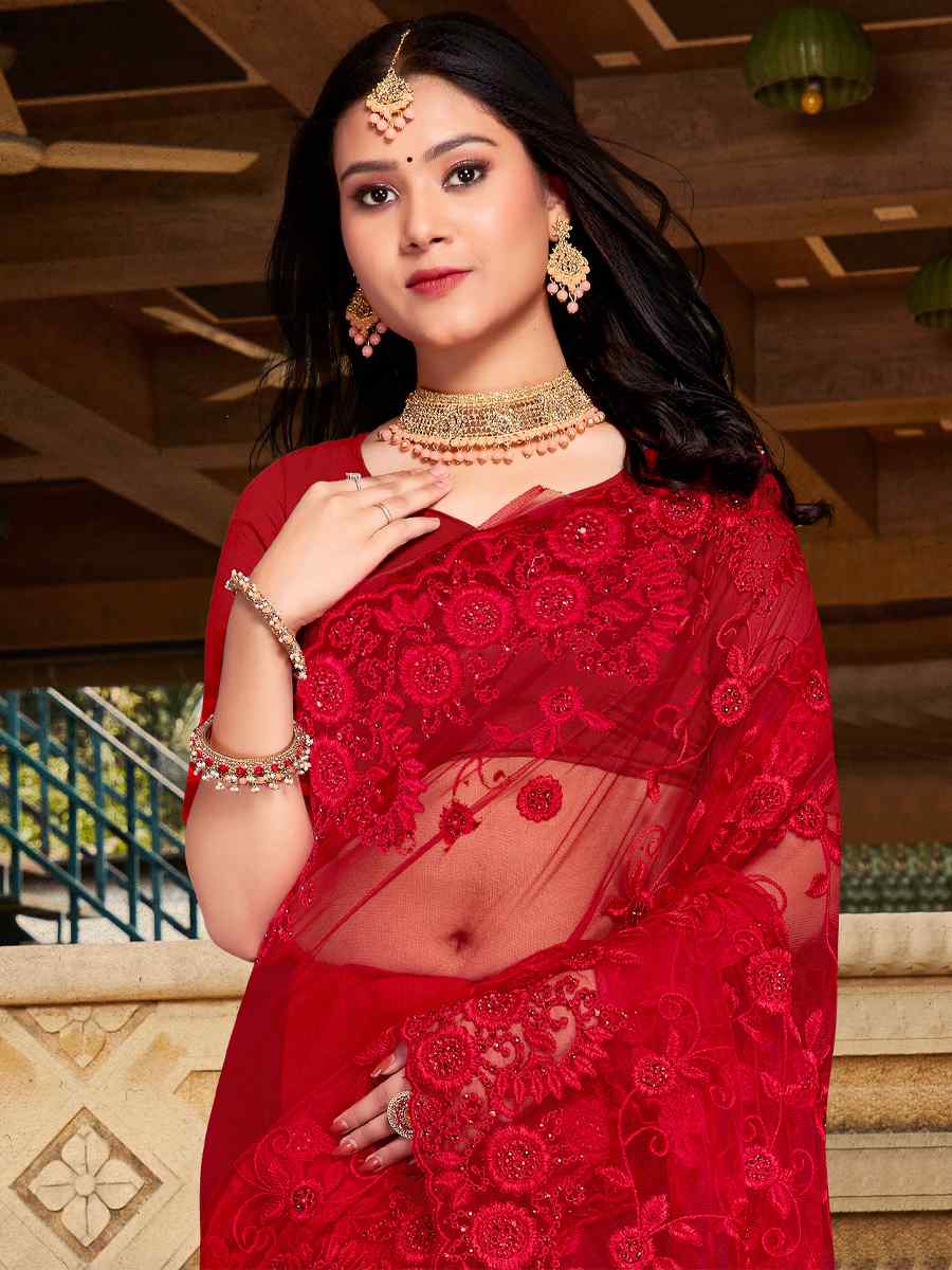 Red Net Embroidered Wedding Festival Heavy Border Saree