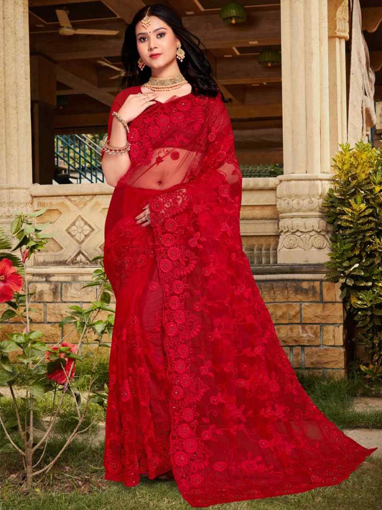 Red Net Embroidered Wedding Festival Heavy Border Saree