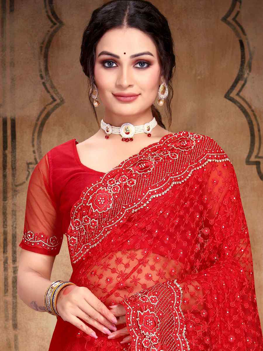 Red Net Embroidered Wedding Festival Heavy Border Saree