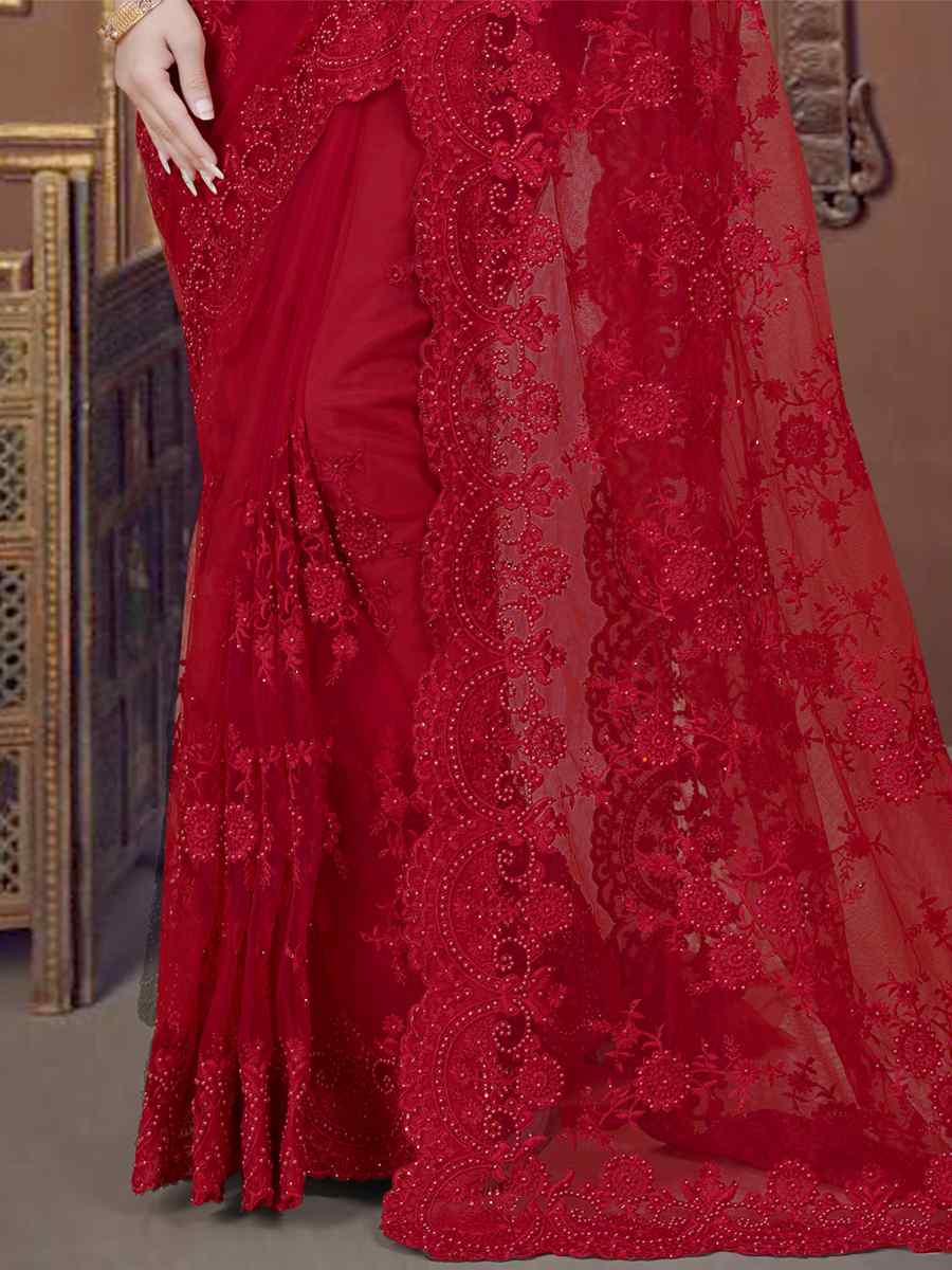 Red Net Embroidered Wedding Party Heavy Border Saree