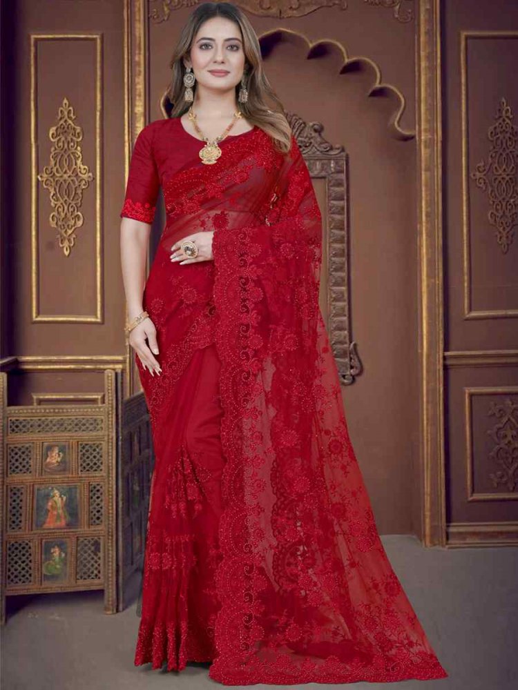 Red Net Embroidered Wedding Party Heavy Border Saree